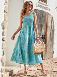 Vestido con estampado floral de un hombro con fruncido bajo con fruncido - Azul menta - Ver 1
