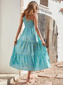 Vestido con estampado floral de un hombro con fruncido bajo con fruncido - Azul menta - Ver 2