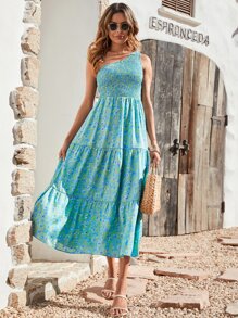 Vestido con estampado floral de un hombro con fruncido bajo con fruncido - Azul menta - Ver 5