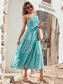 Vestido con estampado floral de un hombro con fruncido bajo con fruncido - Azul menta - Ver 6