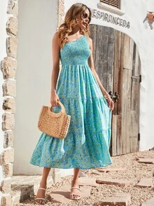 Vestido con estampado floral de un hombro con fruncido bajo con fruncido - Azul menta - Ver 7