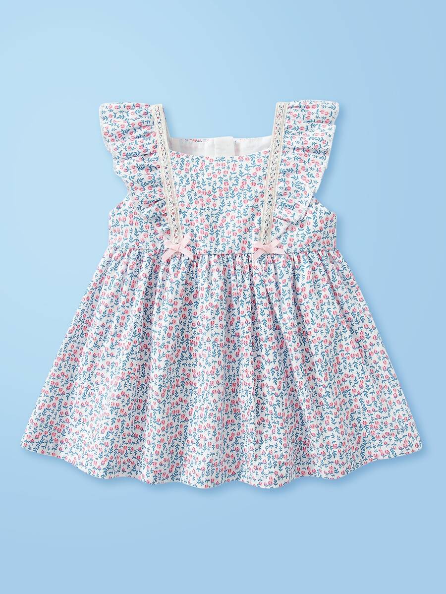 嬰兒荷葉邊蝴蝶結細節小碎花連衣裙