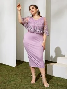 Modelyn Plus Floral Embroidered Mesh Cape Fitted Dress - Lilac Purple - View 2