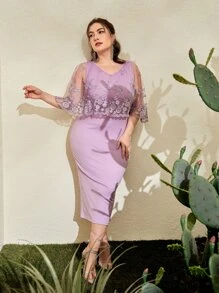Modelyn Plus Floral Embroidered Mesh Cape Fitted Dress - Lilac Purple - View 3
