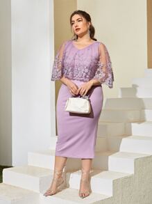 Modelyn Plus Floral Embroidered Mesh Cape Fitted Dress - Lilac Purple - View 4