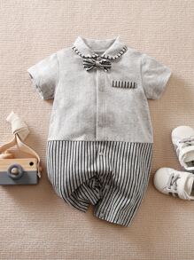 Yierying Baby Bow Front Striped Romper - Grey - View 1