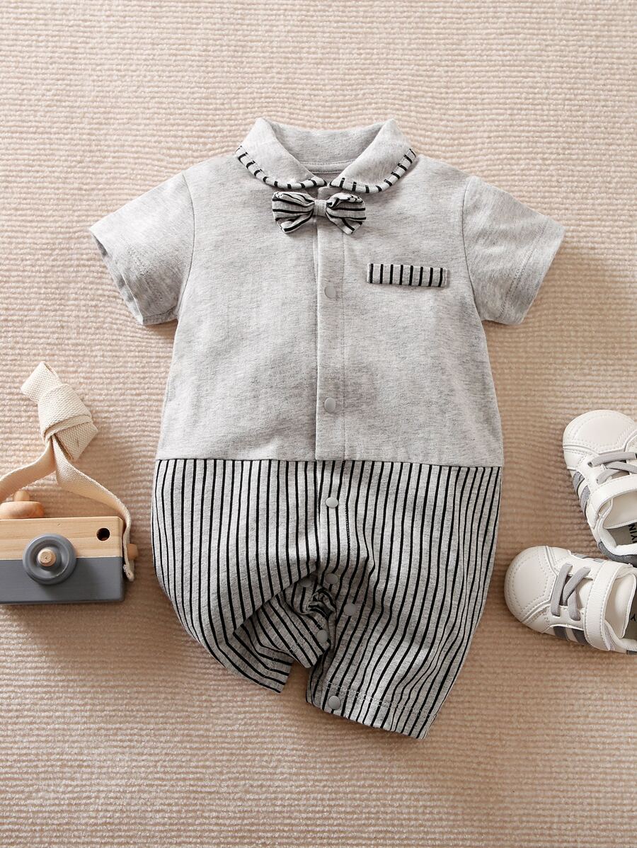 Yierying Baby Bow Front Striped Romper - Grey - View 1