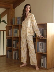 SHEIN Unity 缺口領山水圖案襯衫和褲子睡衣套裝 - 彩色 - 查看 3