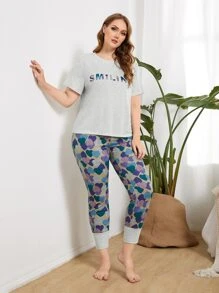 SHEIN Plus Letter Pattern Tee & Heart Print Pants PJ Set - Multicolor - View 3