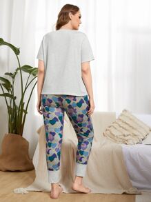 SHEIN Plus Letter Pattern Tee & Heart Print Pants PJ Set - Multicolor - View 2
