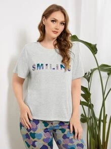 SHEIN Plus Letter Pattern Tee & Heart Print Pants PJ Set - Multicolor - View 4