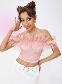 SHEIN Unity Top corto de hombros descubiertos ribete con encaje - Rosa Pálido - Ver 1