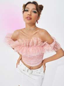 SHEIN Unity Top corto de hombros descubiertos ribete con encaje - Rosa Pálido - Ver 4