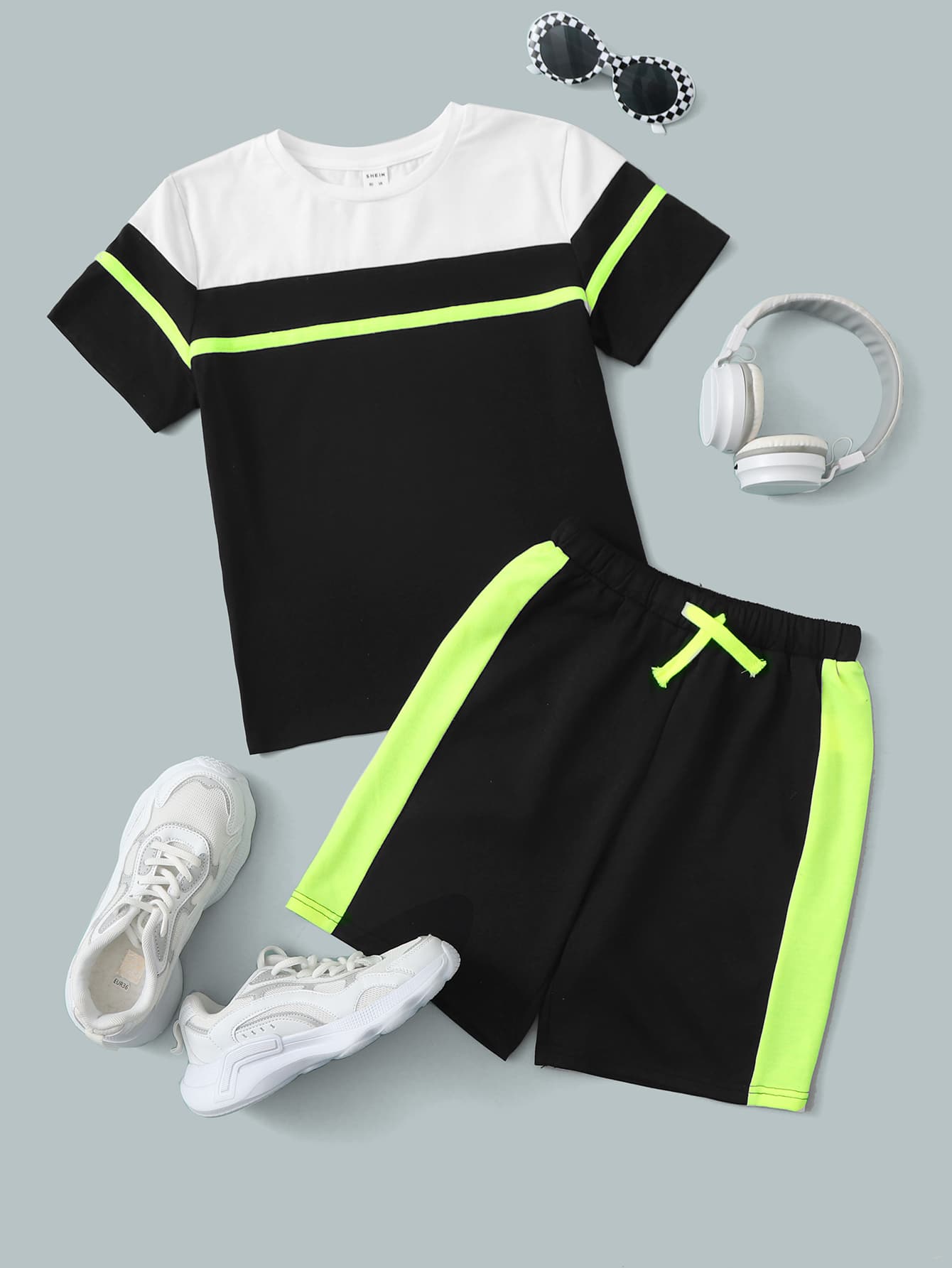 SHEIN Bộ hai mảnh Trai Sọc bên Khối Màu Thể thao - màu đen - Xem 1