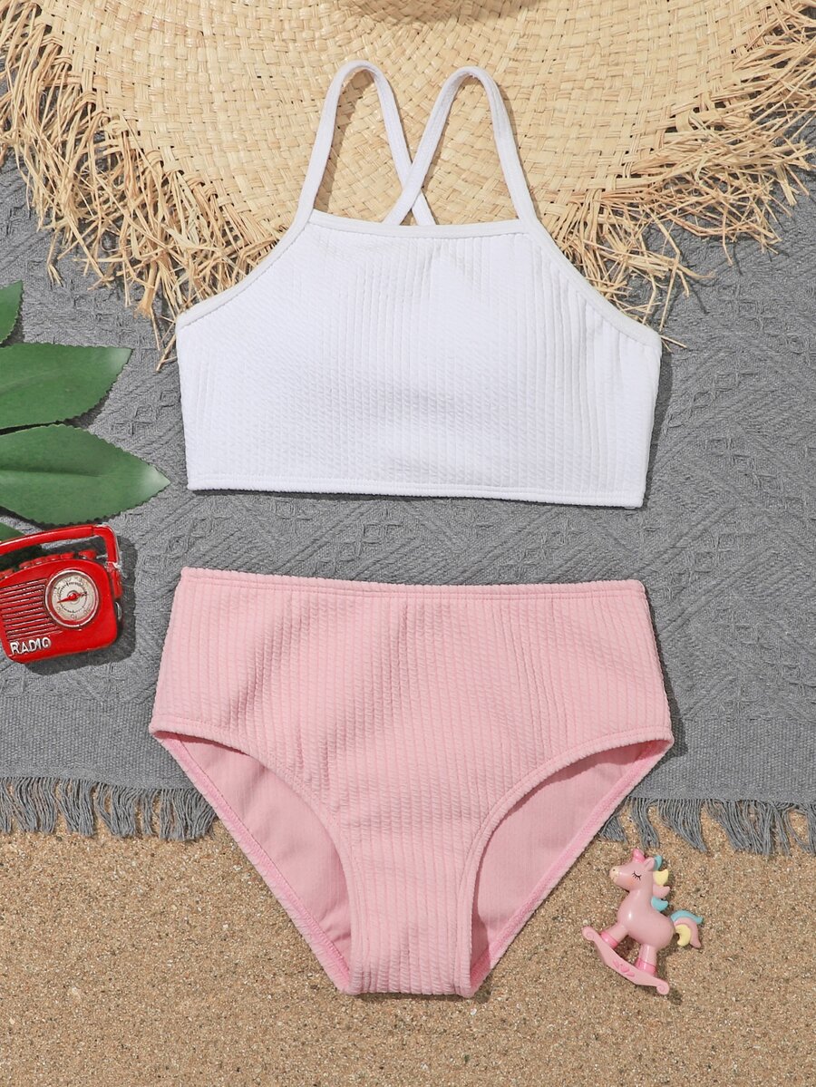 Tween Girl Colorblock Criss Cross Bikini Set Summer Beach - Baby Pink - View 1