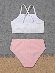 Tween Girl Colorblock Criss Cross Bikini Set Summer Beach - Baby Pink - View 2