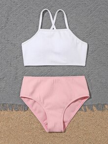 Tween Girl Colorblock Criss Cross Bikini Set Summer Beach - Baby Pink - View 4
