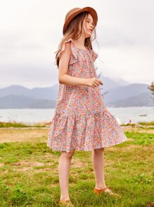 女孩小碎花荷葉邊娃娃裙 - 彩色 - 查看 1