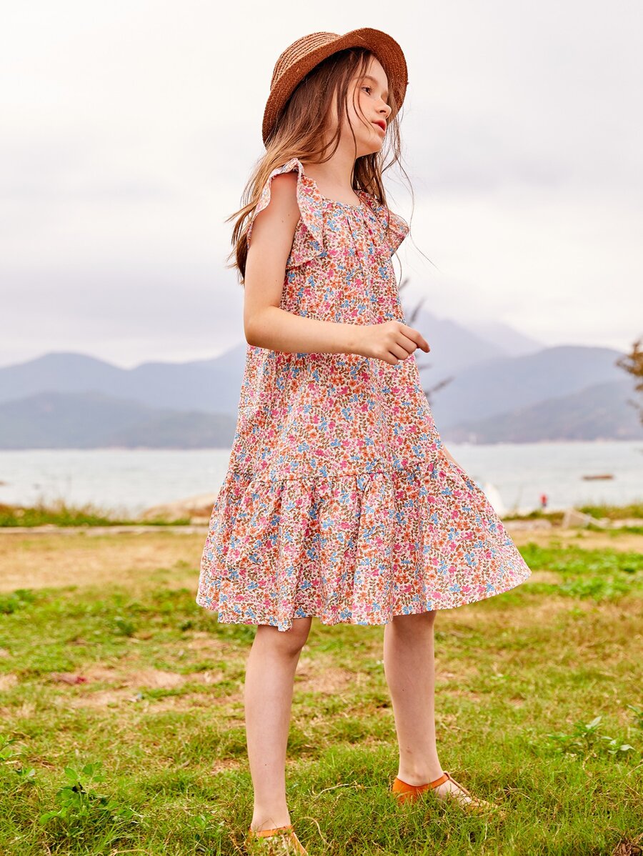 女孩小碎花荷葉邊娃娃裙 - 彩色 - 查看 1