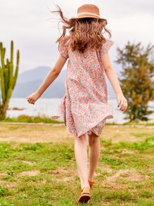 女孩小碎花荷葉邊娃娃裙 - 彩色 - 查看 2