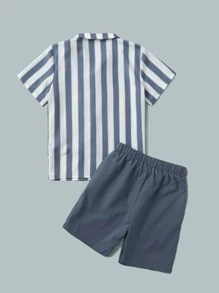 SHEIN Bộ hai mảnh Trai Dây kéo Túi Nút phía trước Sọc Giải trí - Xanh và trắng - Xem 2