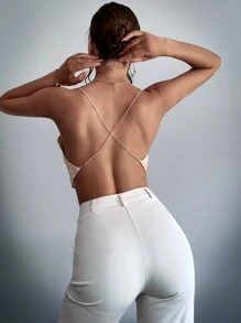 SHEIN Unity 圖案印花垂墜十字交叉露背緞面吊帶上衣 - 彩色 - 查看 2