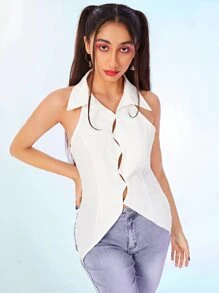 SHEIN Button Front Asymmetrical Hem Shirt - White - View 1