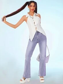 SHEIN Button Front Asymmetrical Hem Shirt - White - View 4