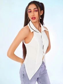 SHEIN Button Front Asymmetrical Hem Shirt - White - View 5