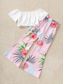 女孩一字肩襯衫和熱帶圖案喇叭褲 - 彩色 - 查看 2