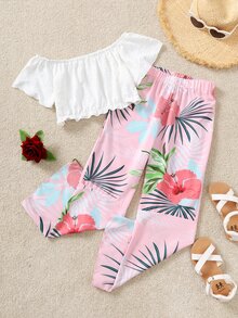 女孩一字肩襯衫和熱帶圖案喇叭褲 - 彩色 - 查看 3