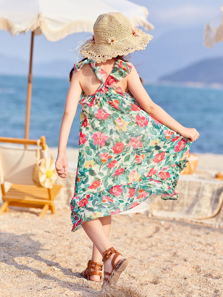 Girls Ruffle Trim Floral Print Dress - Multicolor - View 2
