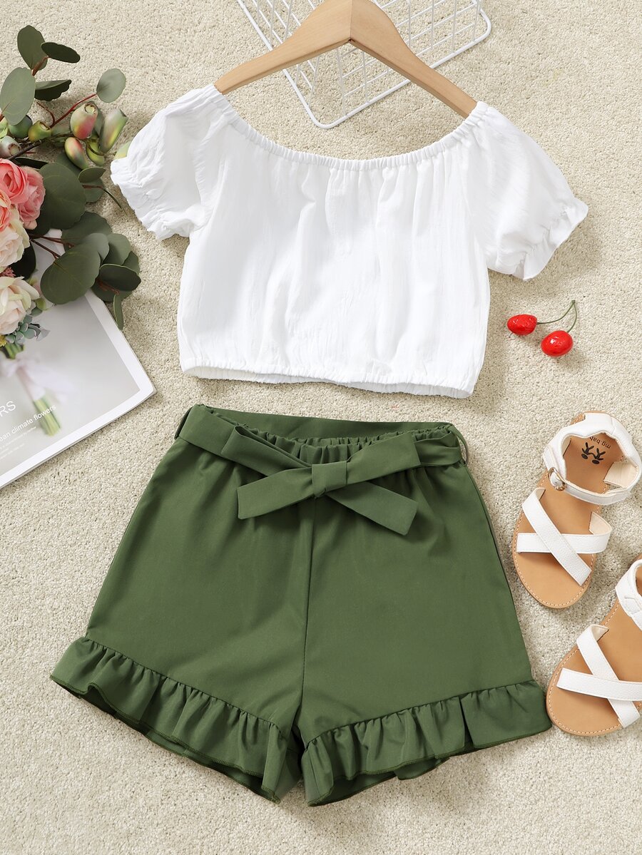女孩褶邊袖口上衣和荷葉邊附腰帶短褲 - 彩色 - 查看 1
