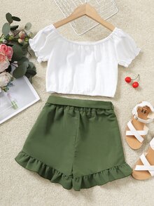女孩褶邊袖口上衣和荷葉邊附腰帶短褲 - 彩色 - 查看 2