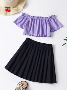 女孩一字肩木耳邊上衣和百褶半身裙 - 彩色 - 查看 2