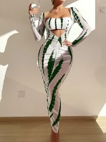 3packs Brush Print Bandeau Bikini & Cover Up Dress, For Summer Beach Vacation - Green - View 1