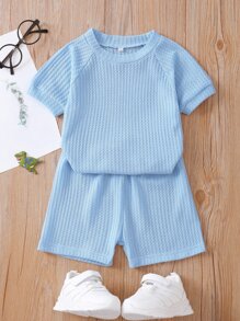 SHEIN Bộ thời trang bé trai màu trơn Giải trí - Màu xanh nhạt - Xem 1