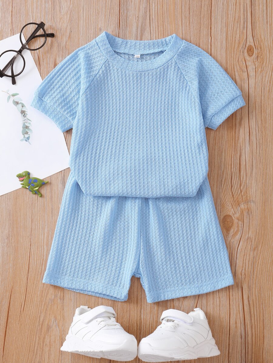 SHEIN Bộ thời trang bé trai màu trơn Giải trí - Màu xanh nhạt - Xem 1