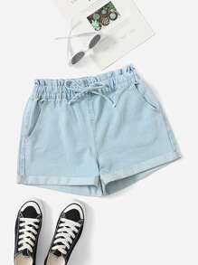 Tie Waist Light Wash Denim Shorts - Light Wash - View 1