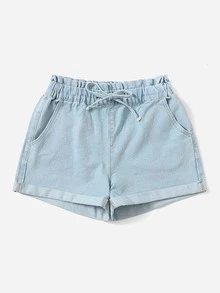 Tie Waist Light Wash Denim Shorts - Light Wash - View 3