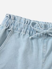 Tie Waist Light Wash Denim Shorts - Light Wash - View 4