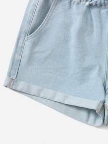 Tie Waist Light Wash Denim Shorts - Light Wash - View 5