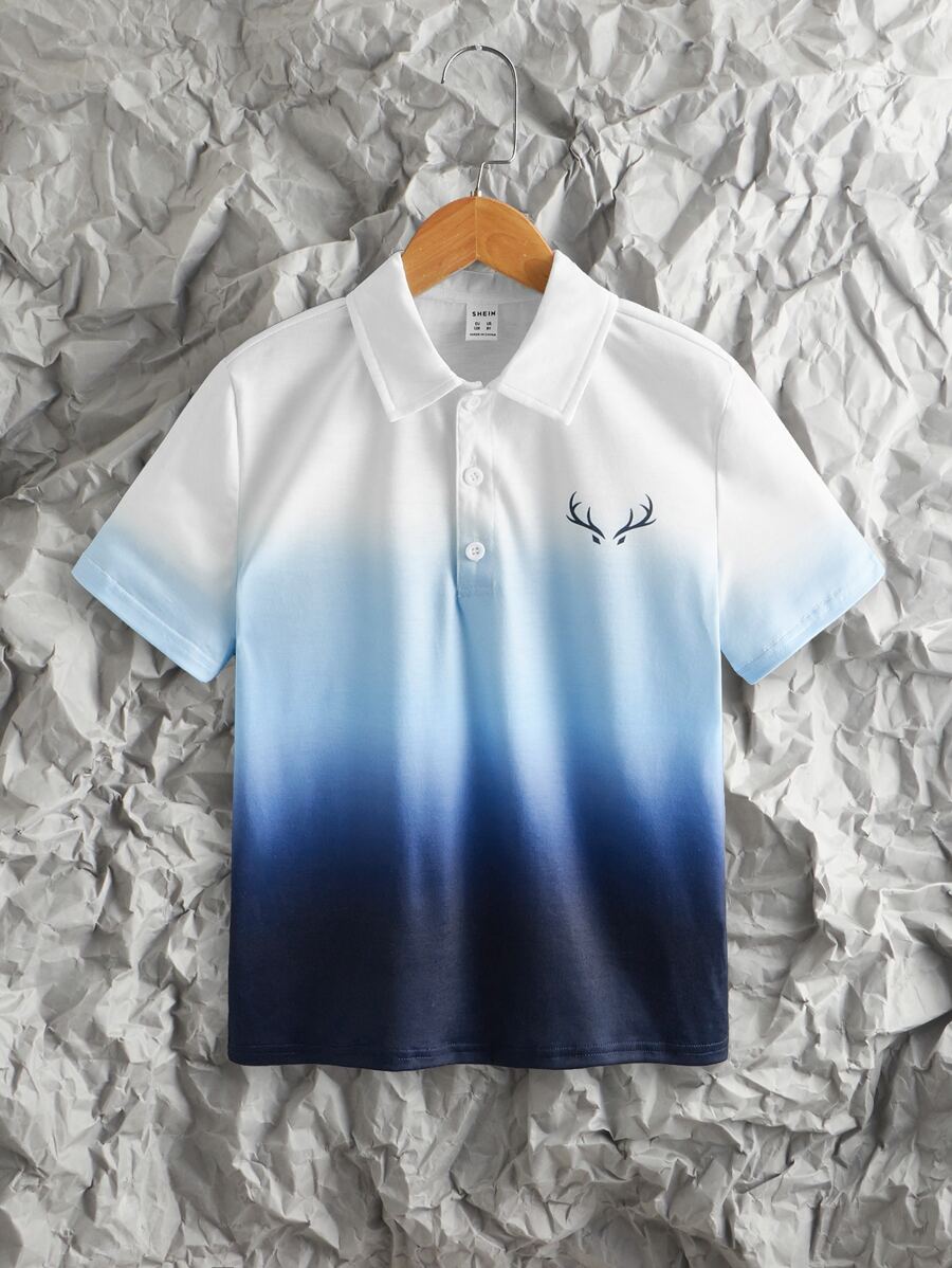 SHEIN Áo có cổ Trai Nút phía trước Ombre Giải trí - Xanh và trắng - Xem 1