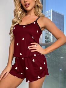 Lettuce Trim Heart Print Cami Top & Shorts PJ Set - Burgundy - View 1