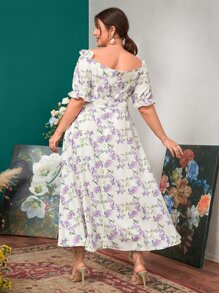 Mulvari Đầm Plus Size Thắt lưng Xù Dây kéo Nút phía trước Hoa Tất cả trên in Boho - Nhiều màu - Xem 3