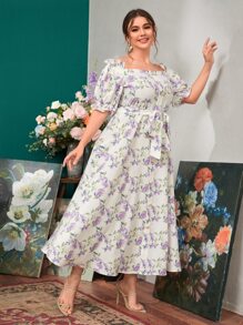 Mulvari Đầm Plus Size Thắt lưng Xù Dây kéo Nút phía trước Hoa Tất cả trên in Boho - Nhiều màu - Xem 4