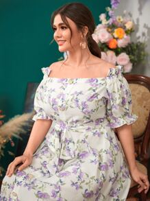 Mulvari Đầm Plus Size Thắt lưng Xù Dây kéo Nút phía trước Hoa Tất cả trên in Boho - Nhiều màu - Xem 5