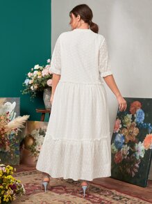 Mulvari 大碼波點圖案荷葉邊網眼刺繡洋裝 - 白色 - 查看 2