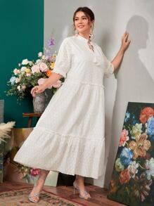 Mulvari 大碼波點圖案荷葉邊網眼刺繡洋裝 - 白色 - 查看 4