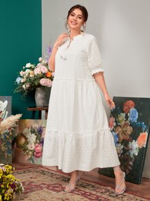 Mulvari 大碼波點圖案荷葉邊網眼刺繡洋裝 - 白色 - 查看 5